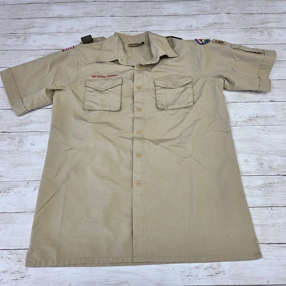 Boy Scouts of America Uniform Shirt Men Medium Tan Short Sleeve Patches St Louis